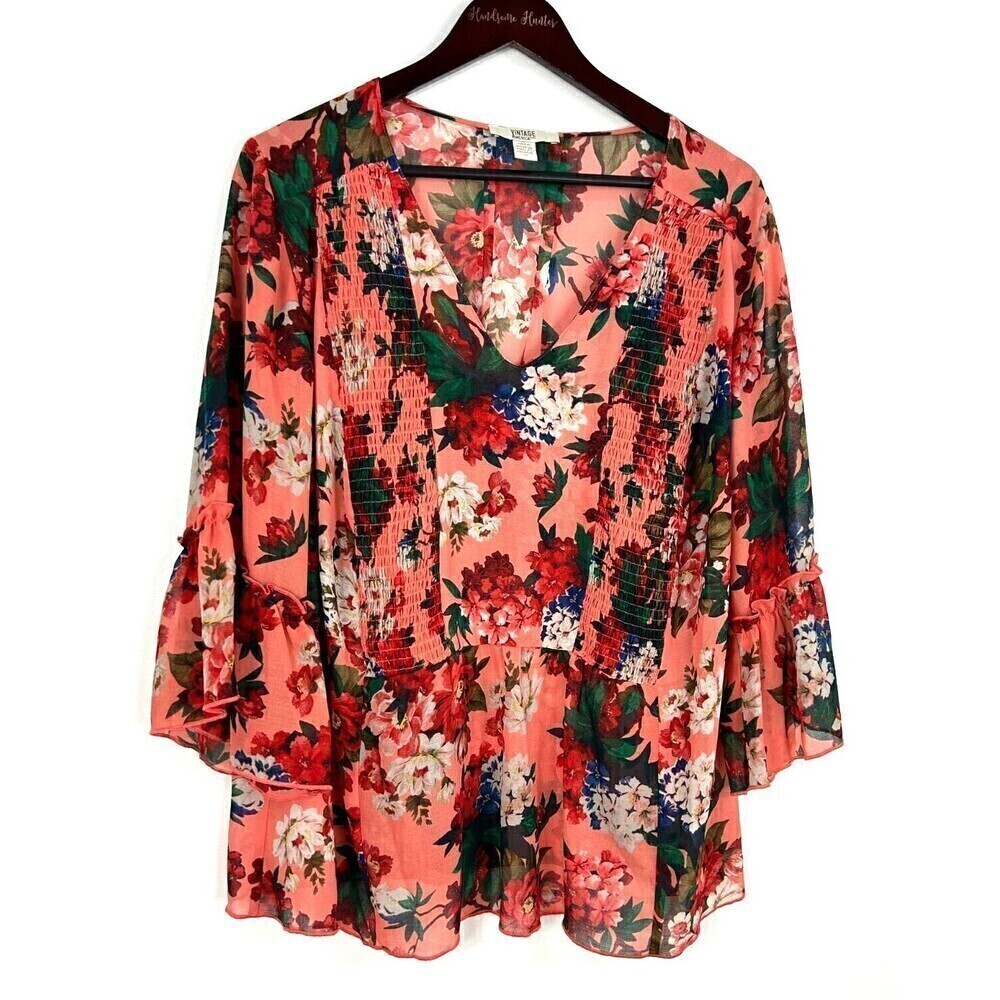 New Vintage America Blues Women Sz 1X Pink Blouse Floral Smocked Chiffon Top N1 - Picture 2 of 12